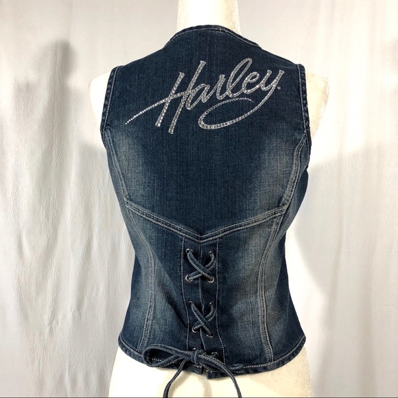 Harley-Davidson Jackets & Blazers - Harley Denim Rhinestone Lace-Up Back Fitted Vest